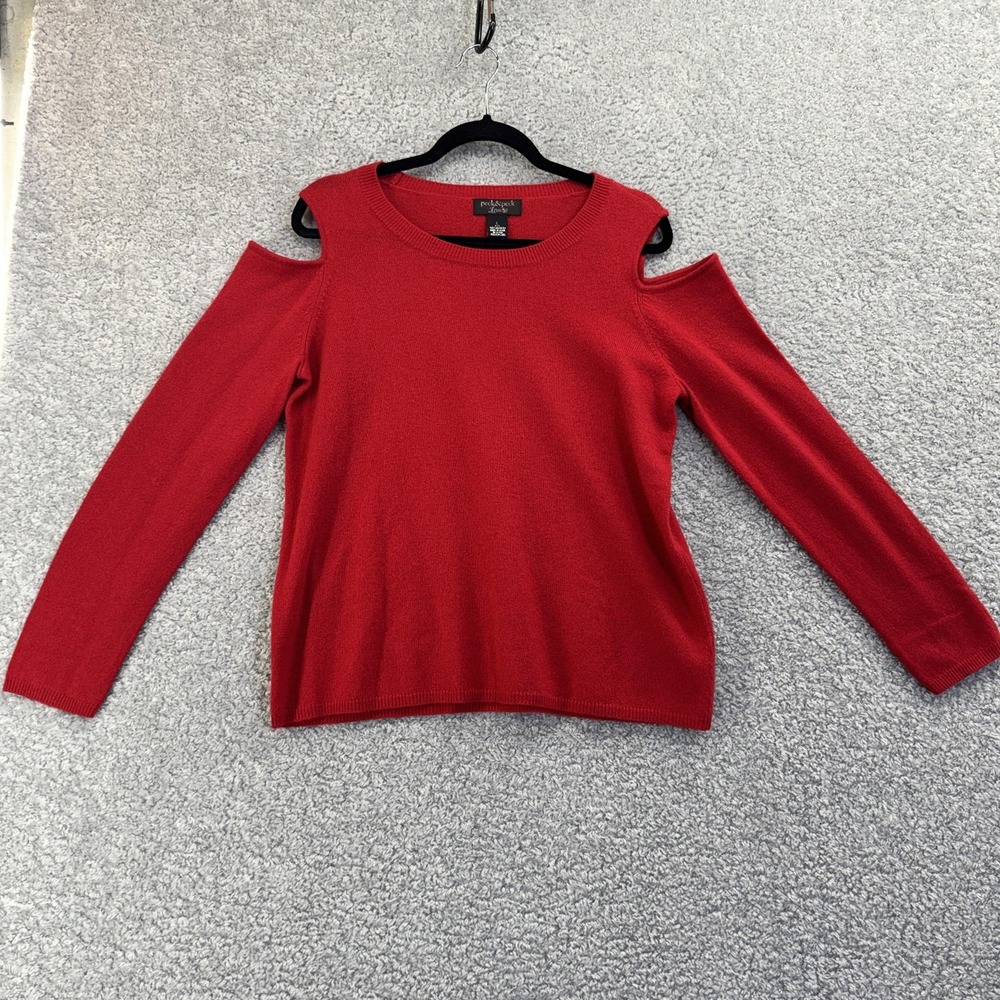 Peck & Peck Luxury Sweater Womens Large Red‎ Cold Shoulder 100% Cashmere Knit